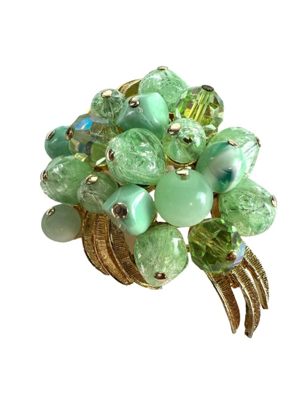 Vintage Green Coro Beaded Brooch Pin Gold-Tone Floral Design